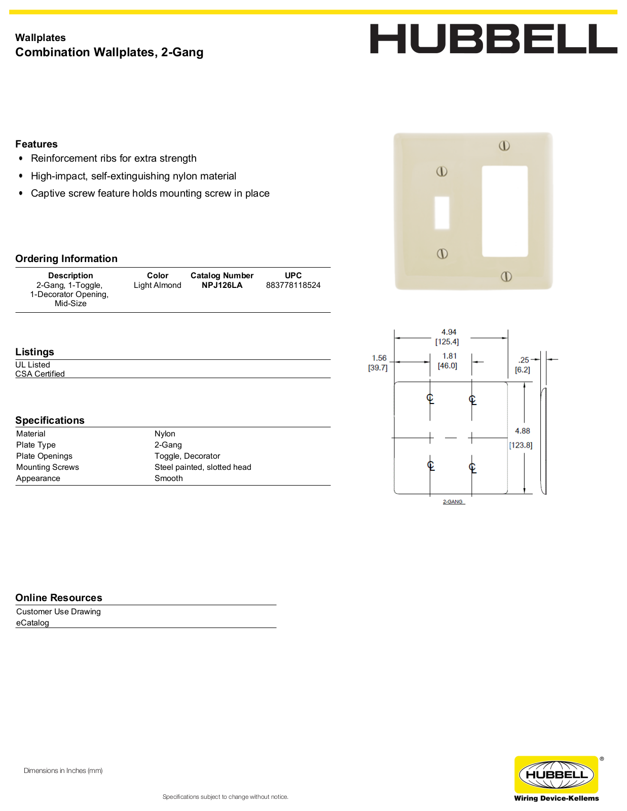 Hubbell NPJ126LA Specifications