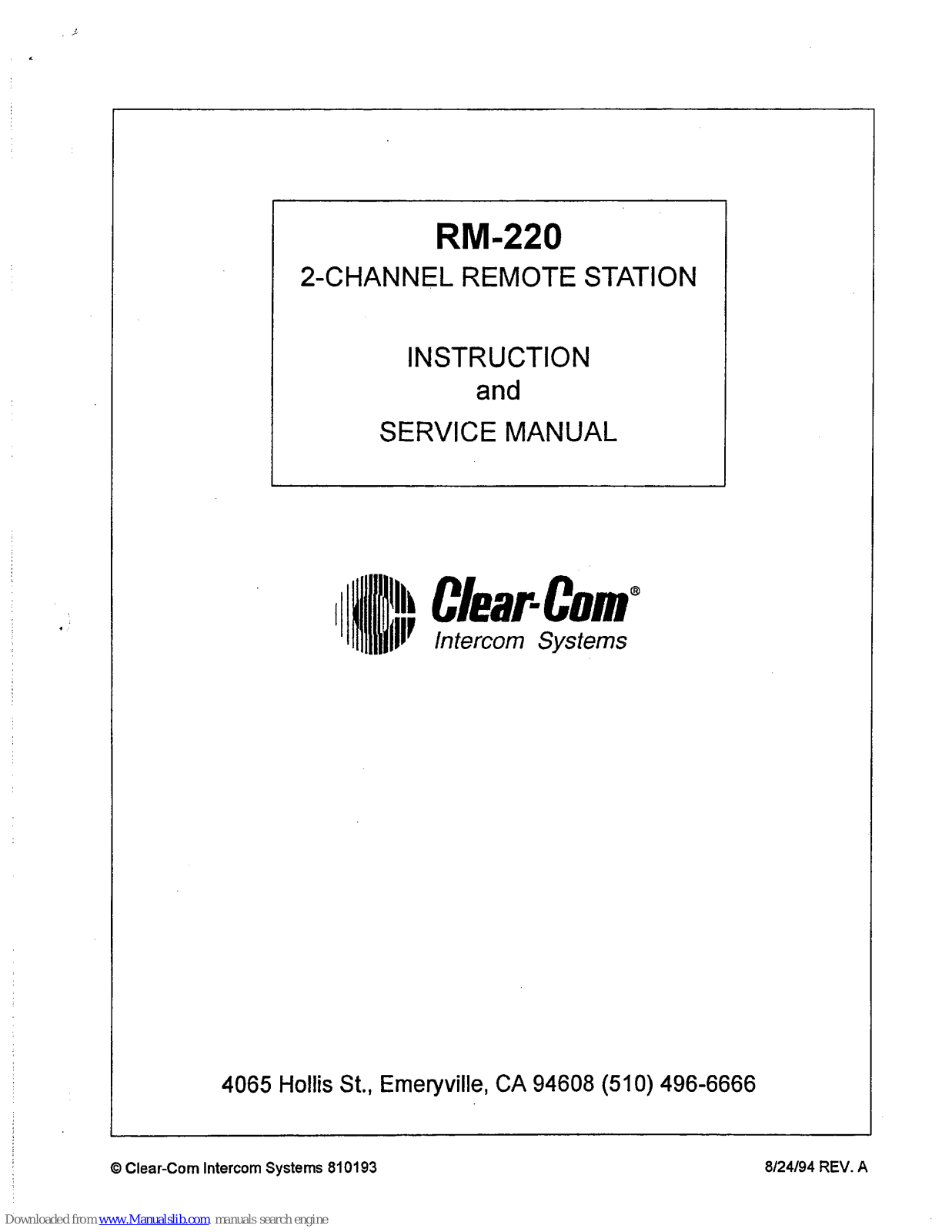 Clear-Com RM-220 Instruction And Service Manual