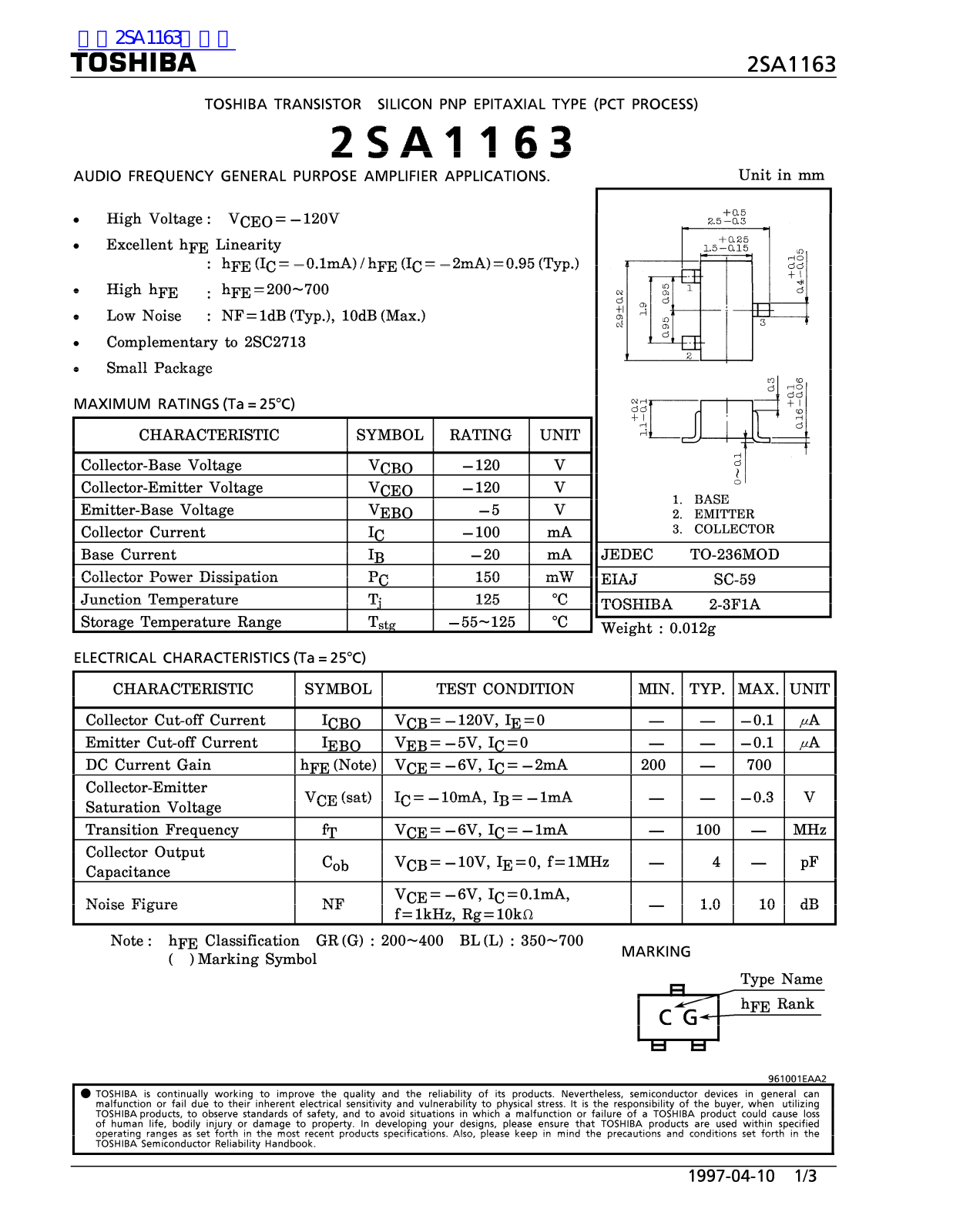 TOSHIBA 2SA1163 Service manual