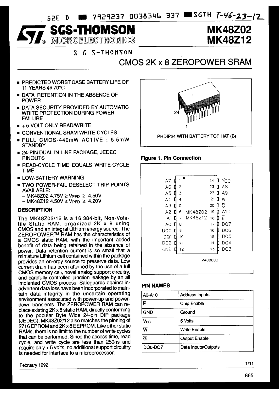 SGS Thomson Microelectronics MK48Z02B-25, MK48Z02B-20, MK48Z02B-12, MK48Z02B-15 Datasheet