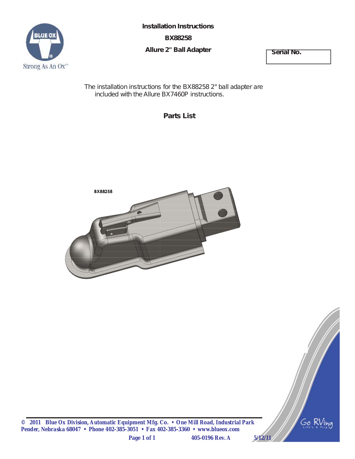 Blue Ox BX88258 User Manual