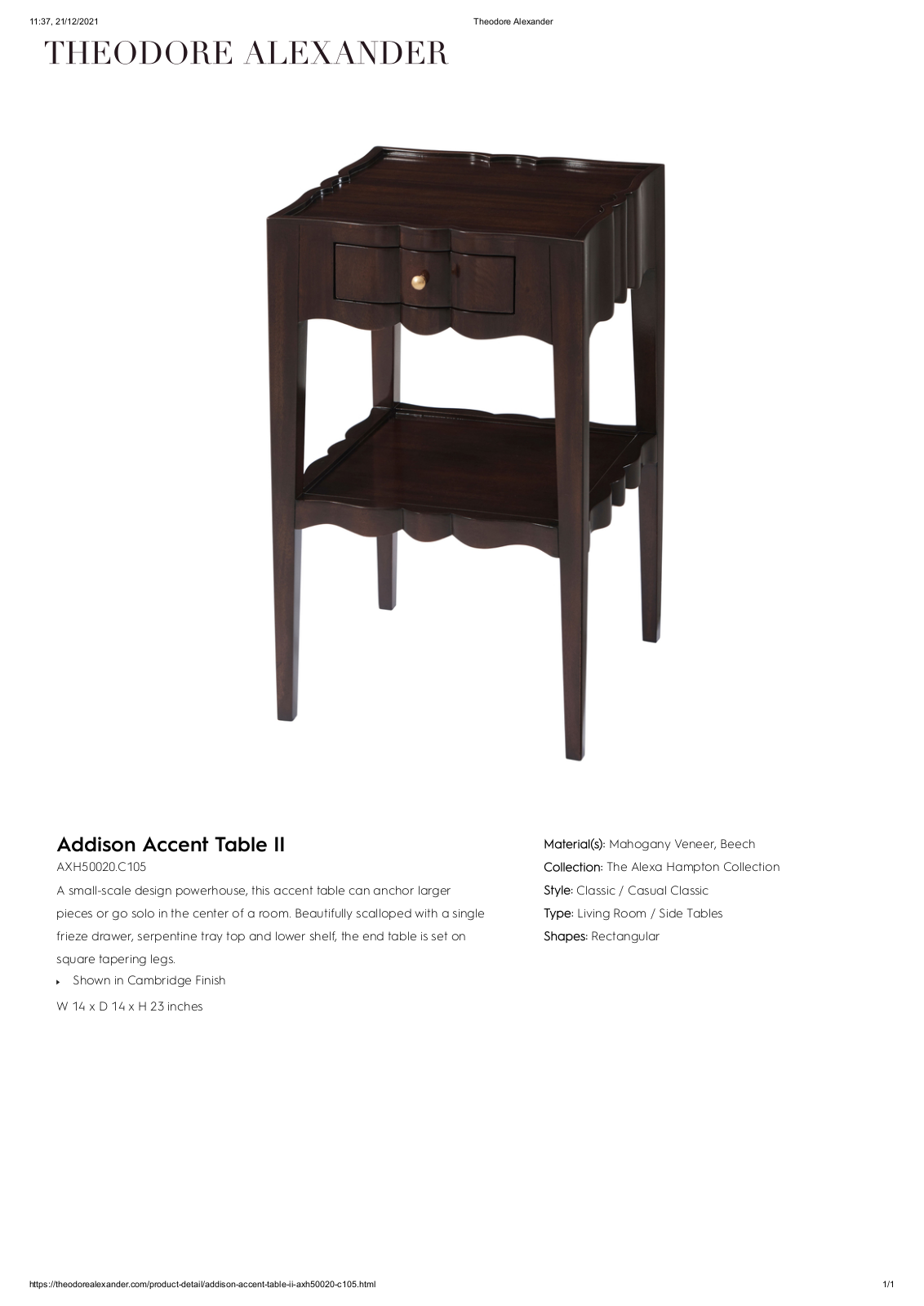 Theodore Alexander FPLJ3544 Specifications - ManualMachine.com