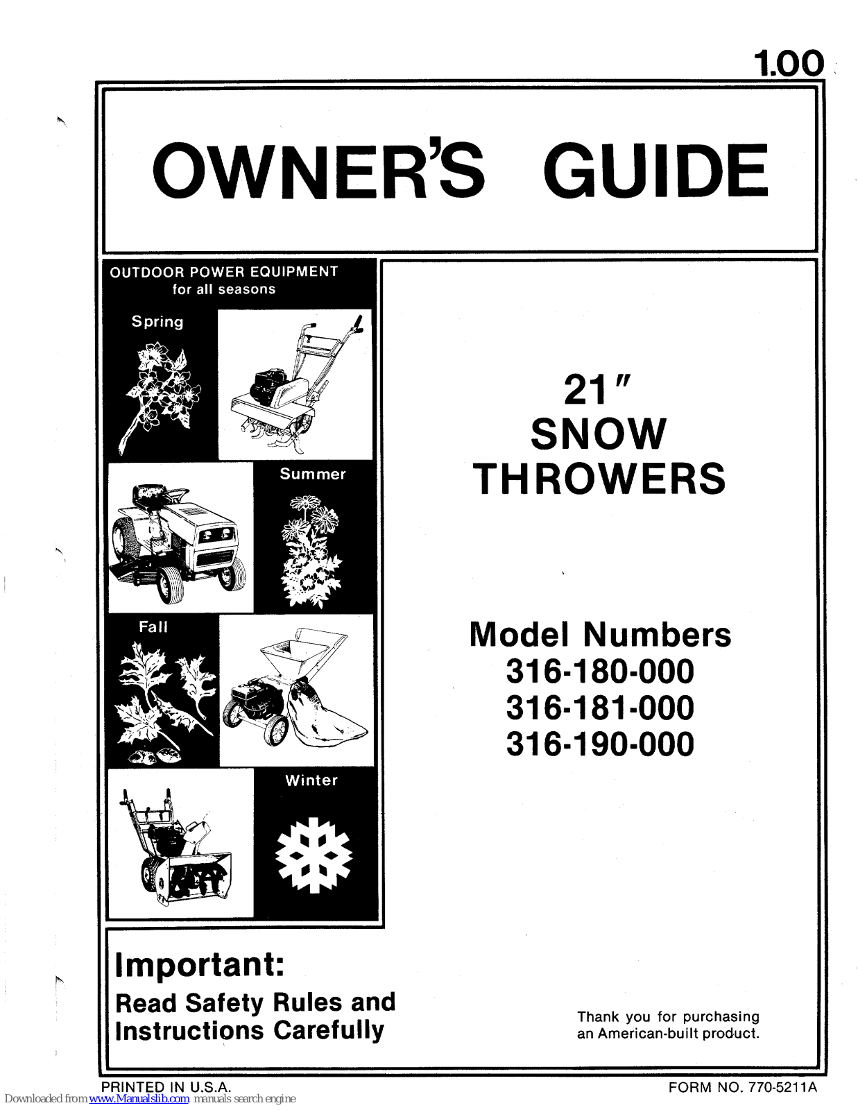 MTD 316-180-000, 316-190-000, 316-181-000 Owner's Manual