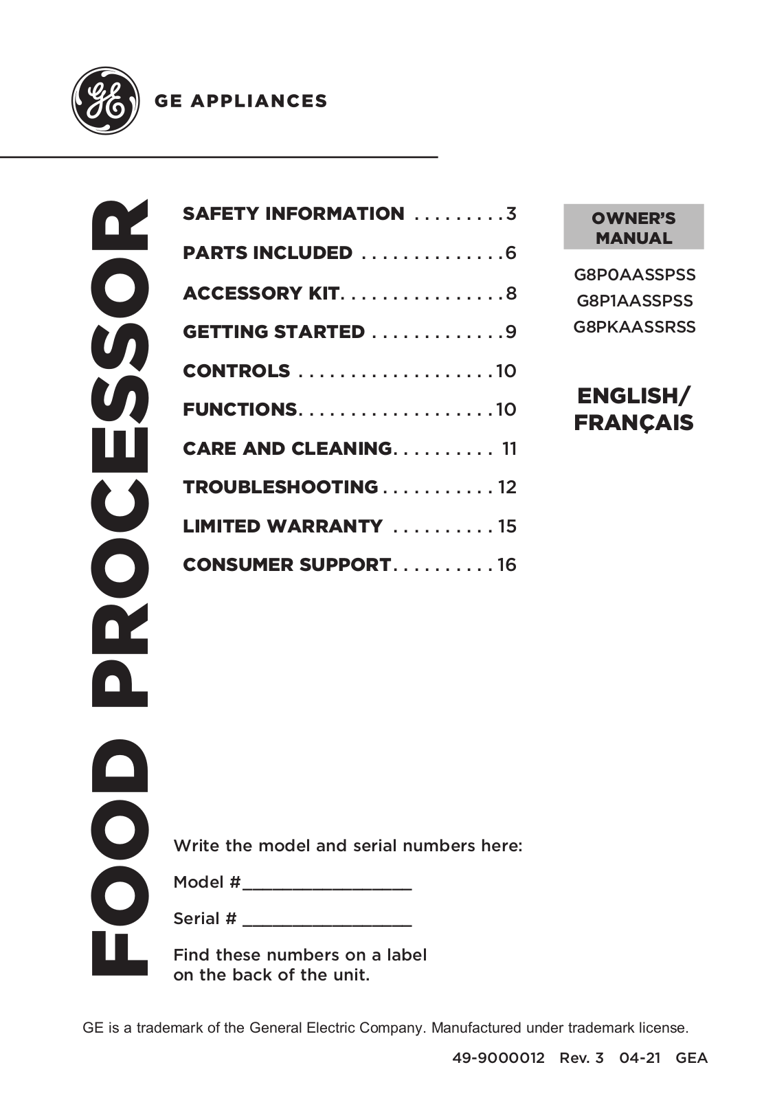 GE G8P0AASSPSS, G8P1AASSPSS, G8PKAASSRSS Owner’s Manual