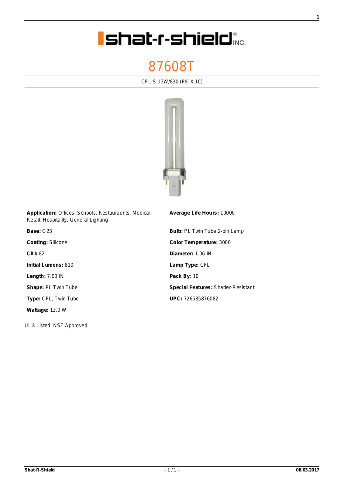 Shat-R-Shield 87608T Data sheet