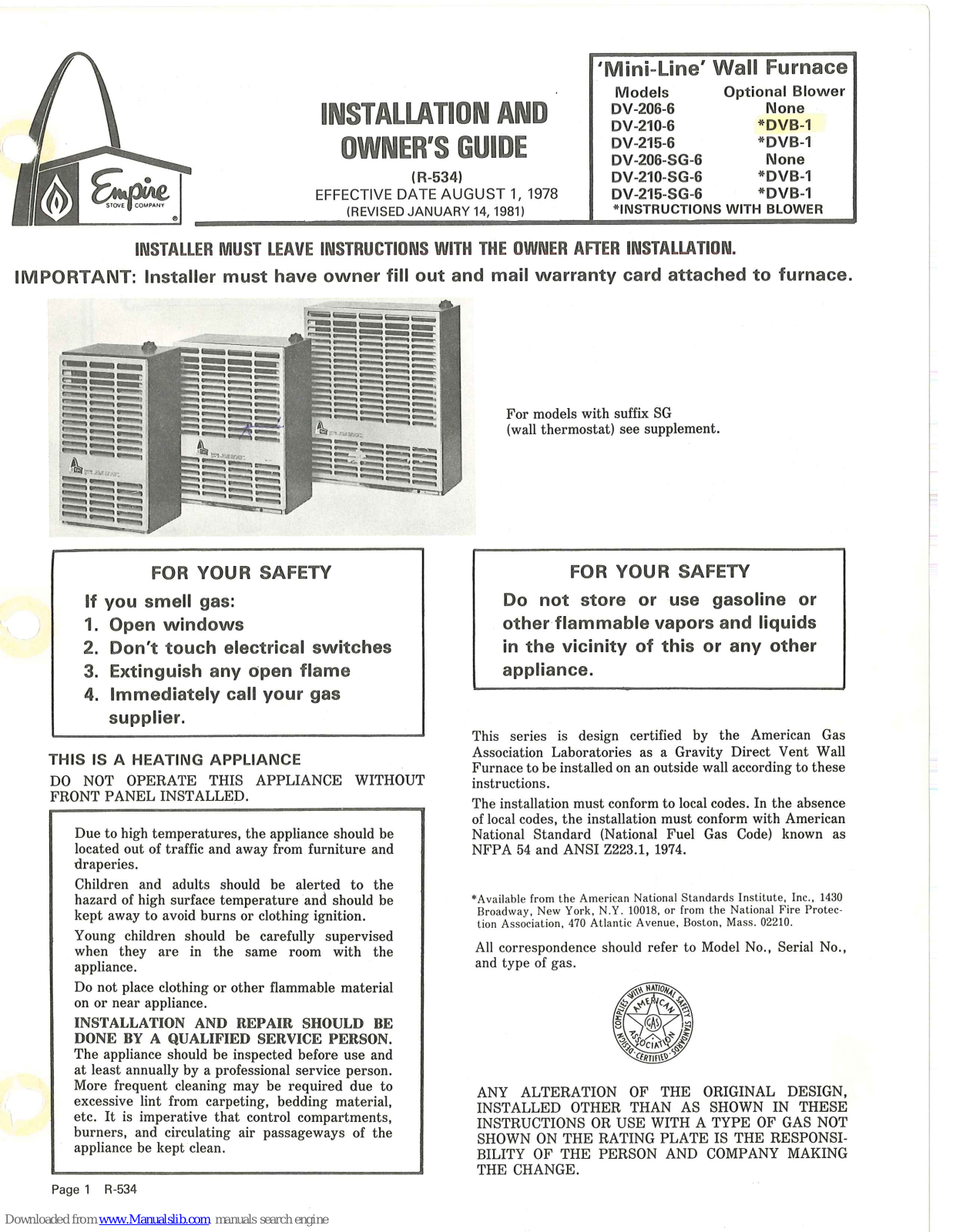 Empire DV-206-6, DV-210-6, DV-215-6, DV-206-SG-6, DV-210-SG-6 Installation And Owner's Manual