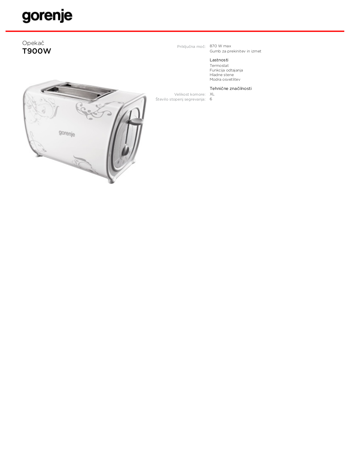 Gorenje T 900 DATASHEET