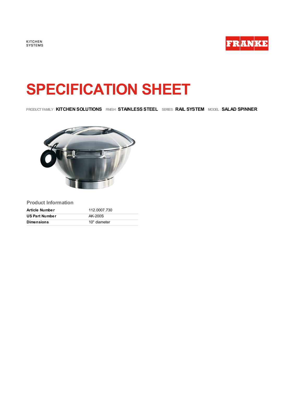 Franke Foodservice SALAD SPINNER User Manual