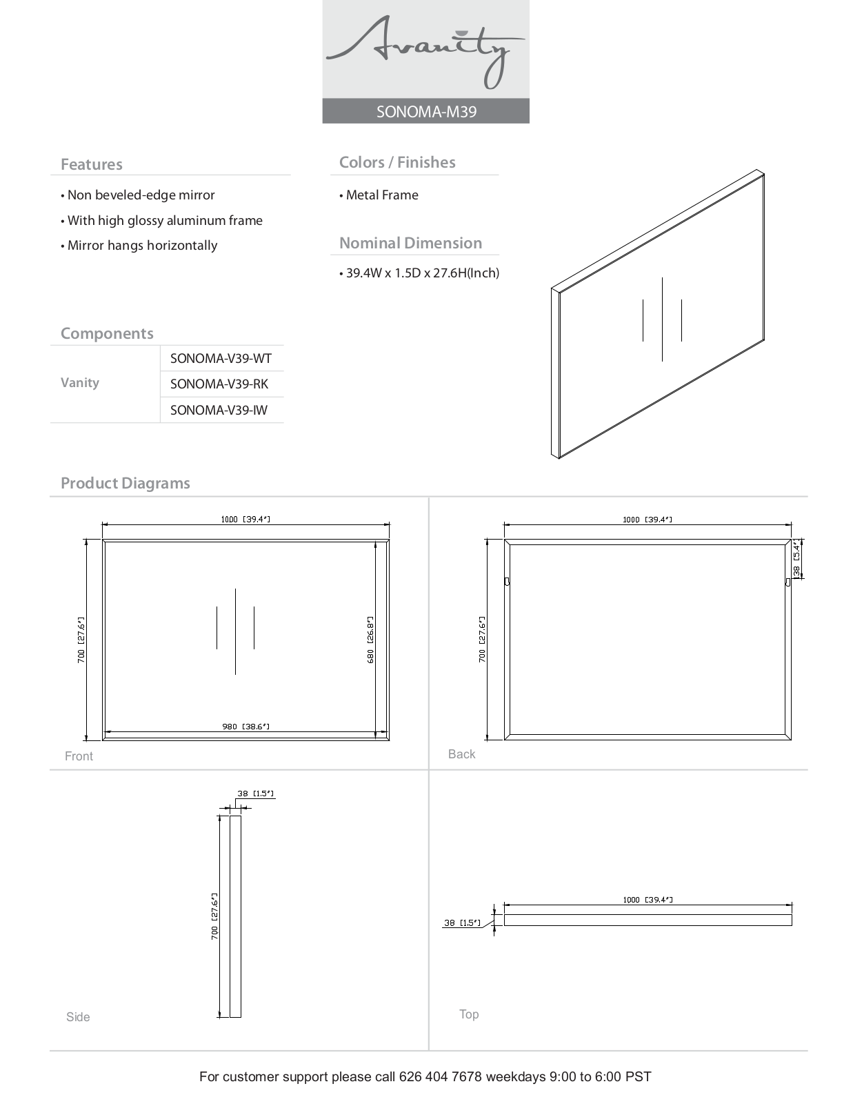 Avanity SONOMAM39 Specifications