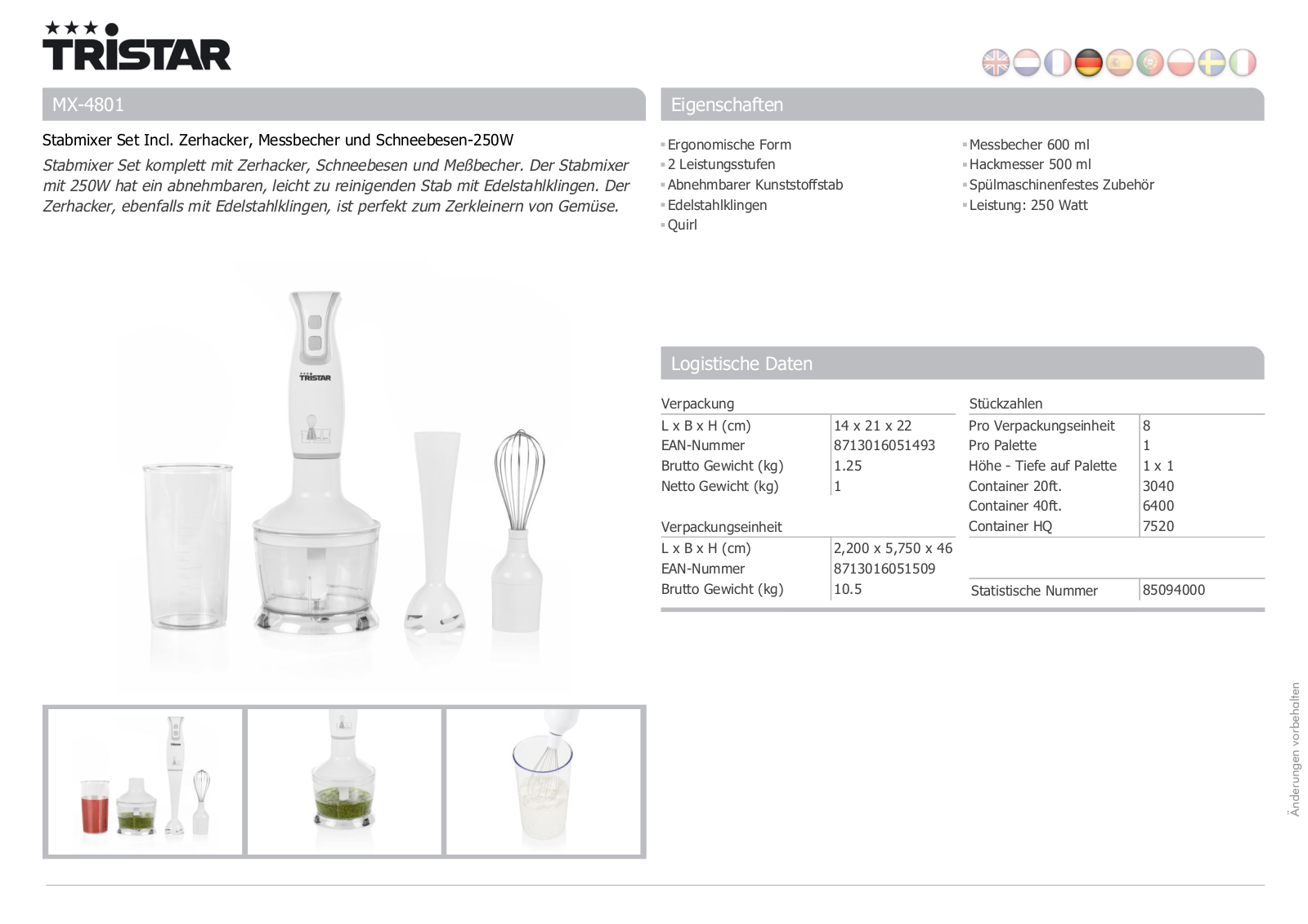 Tristar MX-4801 Technical data