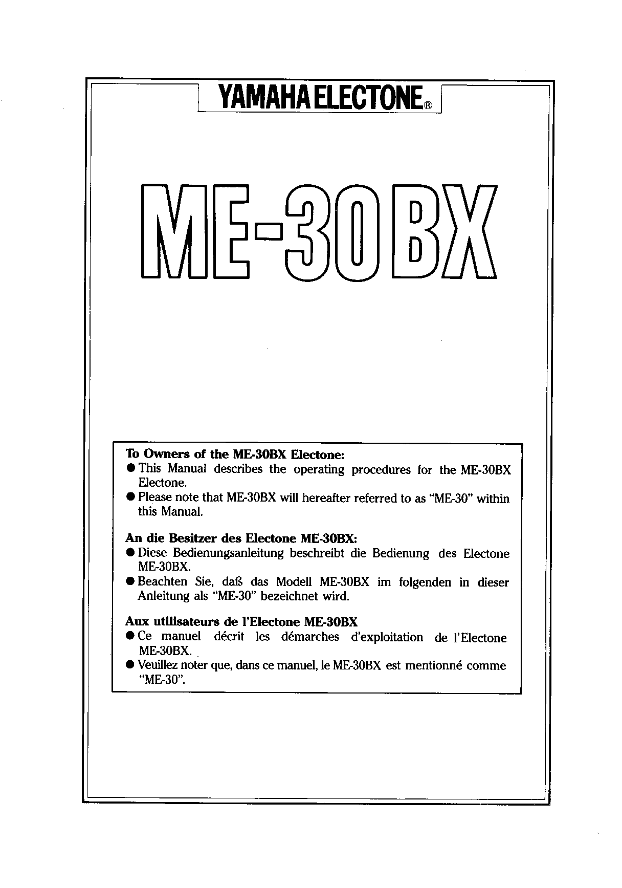 Yamaha ME30BXE, ME30BX User Manual