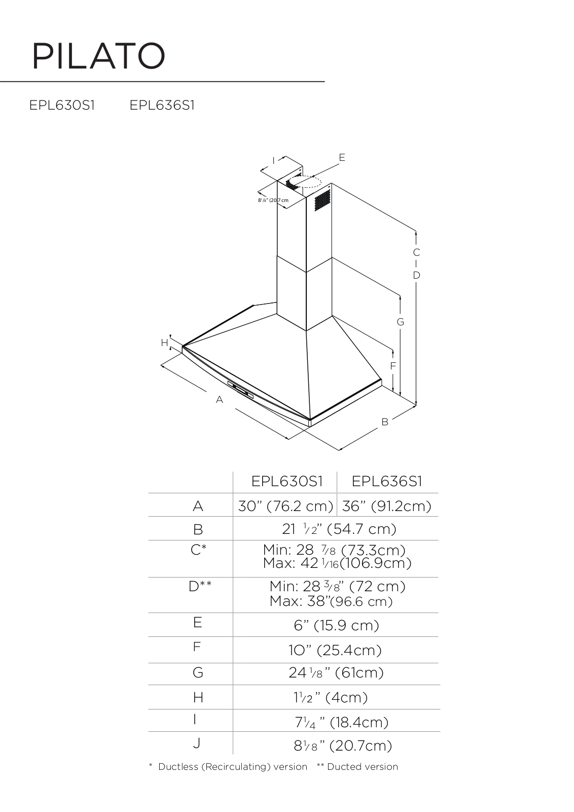 Elica EPL636S1, EPL630S1 Dimension Guide