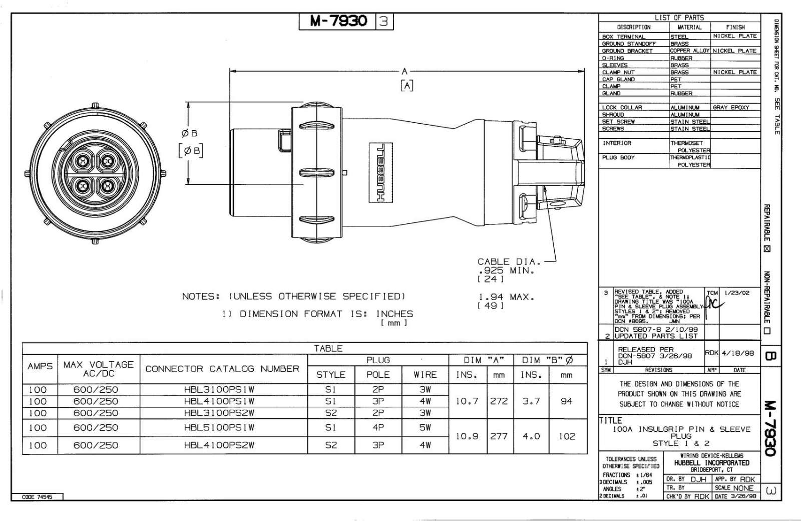 Hubbell HBL3100PS1W Reference Drawing