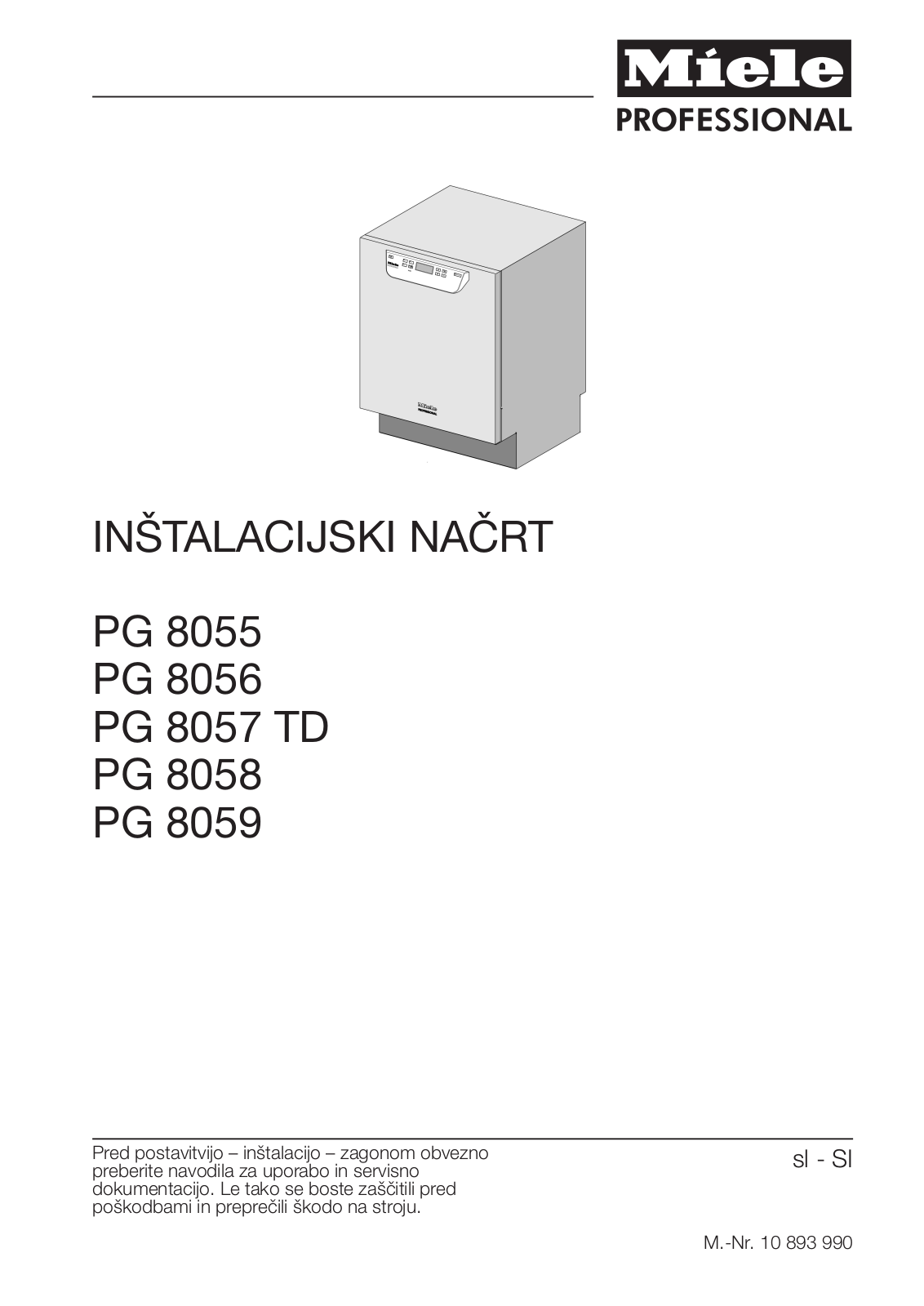 Miele PG 8055, PG 8056, PG 8057 TD, PG 8058, PG 8059 Installation plan