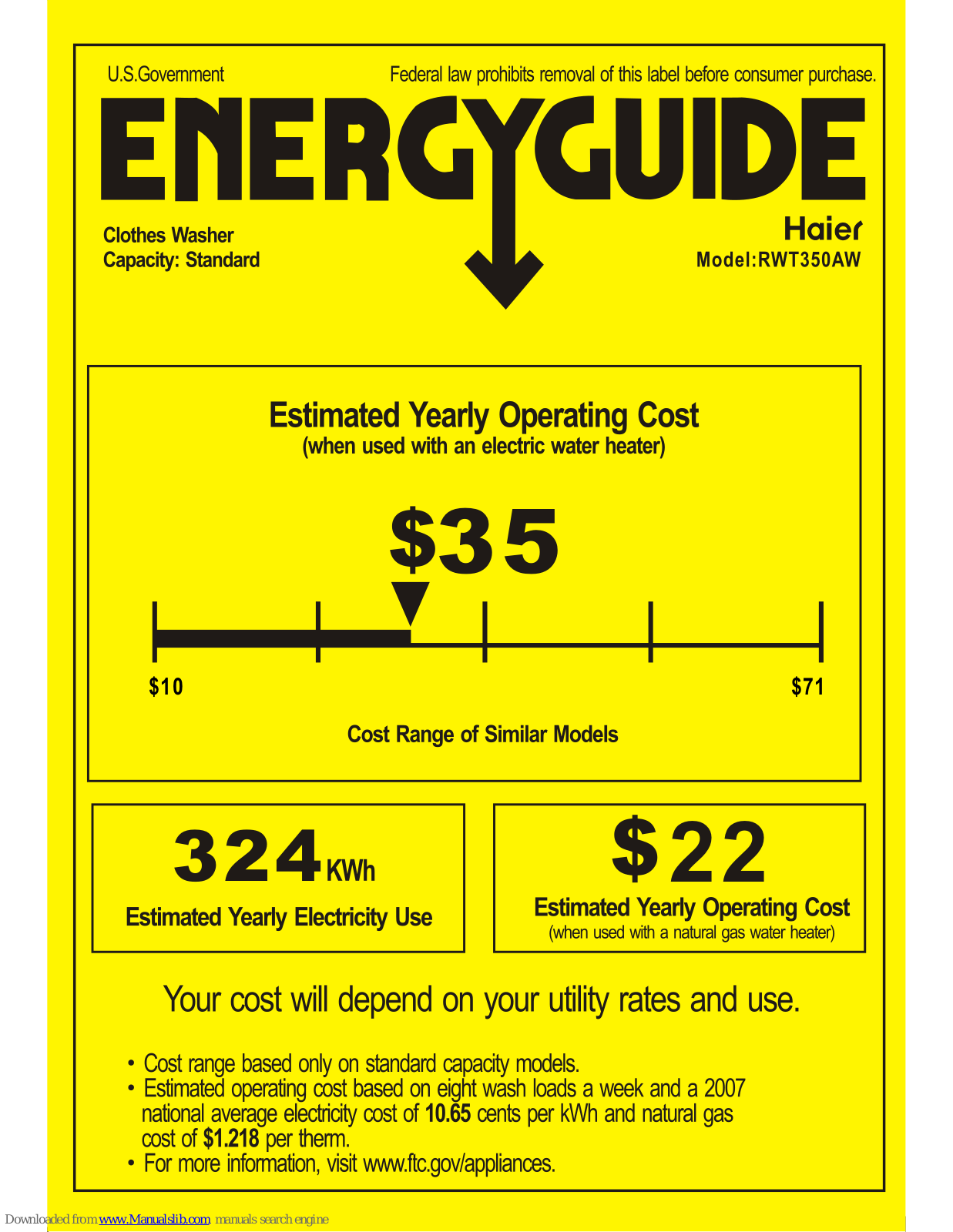 Haier RWT350AW - Agitator Encore Washer Energy Manual