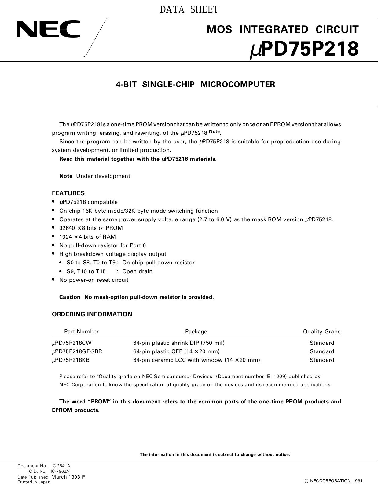 NEC UPD75P218GF-3BR, UPD75P218KB, UPD75P218CW Datasheet