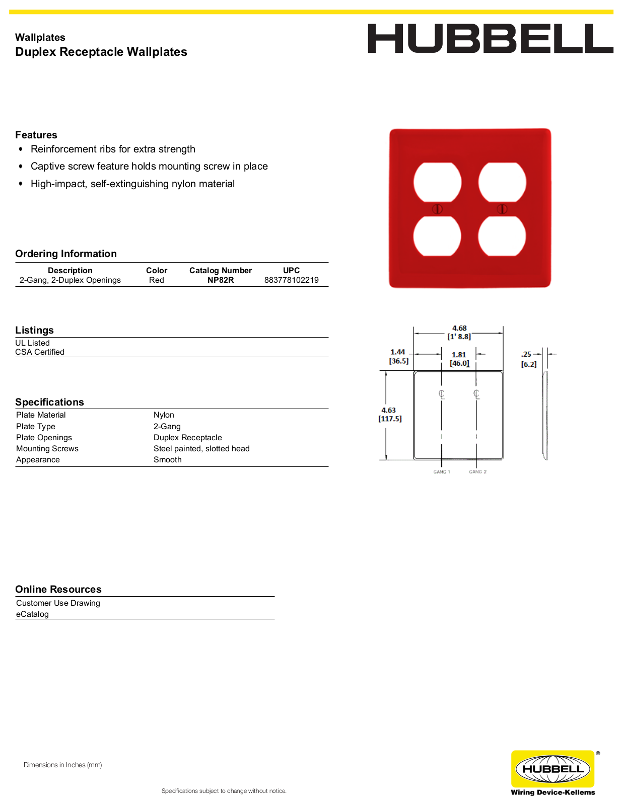 Hubbell NP82R Specifications