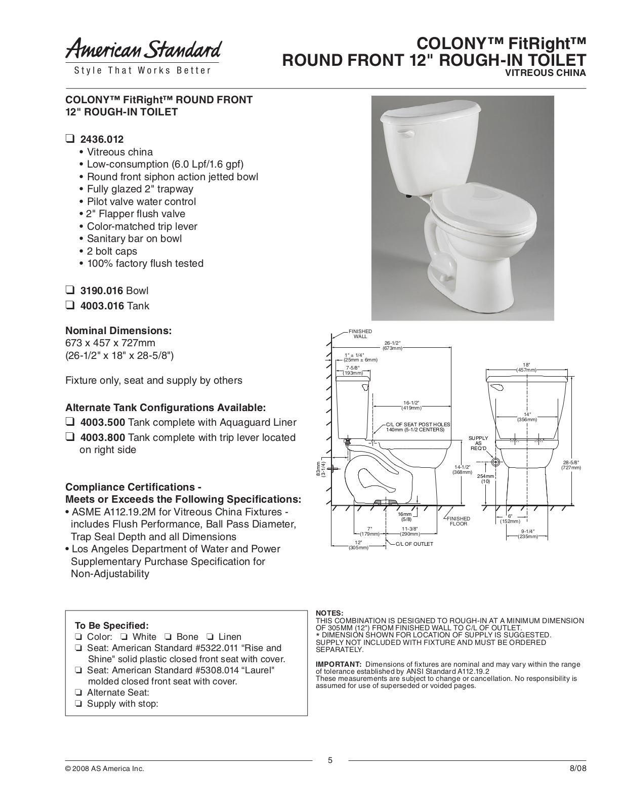 American Standard 4003.016, 2436.012, 3190.016 User Manual