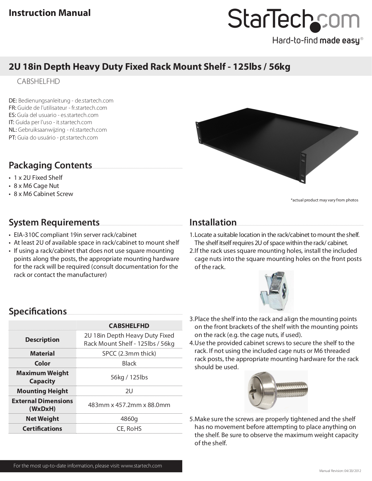 Startech CABSHELFHD User Manual