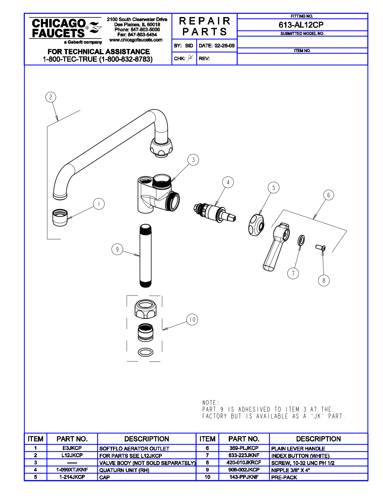 Chicago Faucet 613-AL12CP Parts List