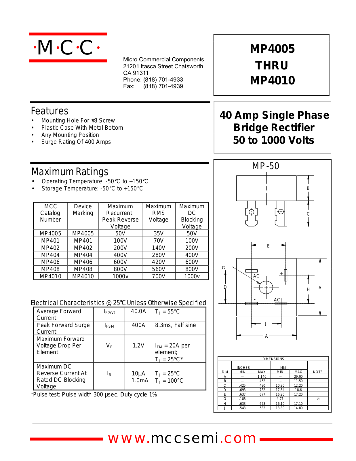 MCC MP406, MP408, MP402, MP4005, MP401 Datasheet