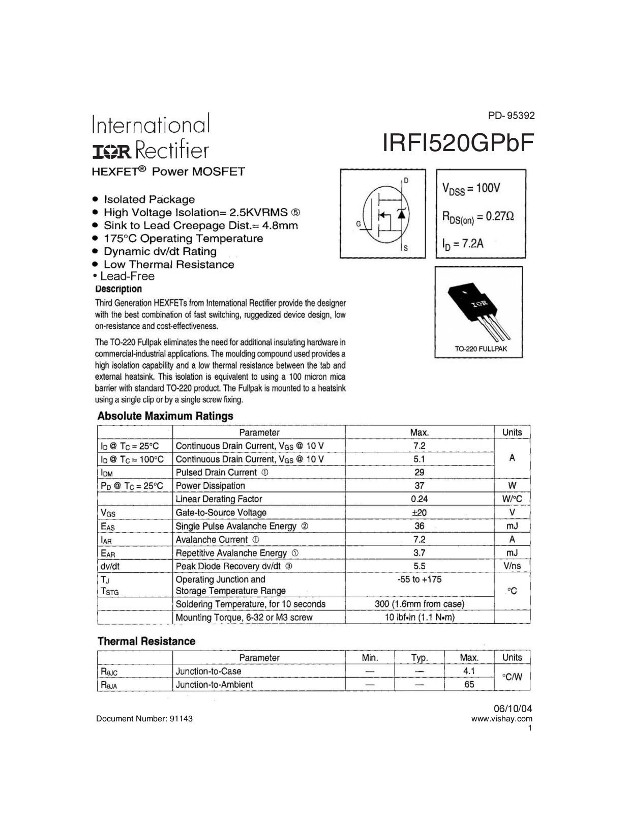 Datasheet irfi520gpbf Datasheet - ManualMachine.com