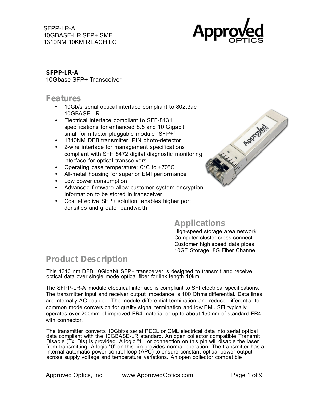 Approved Optics SFPP-LR User Manual - ManualMachine.com