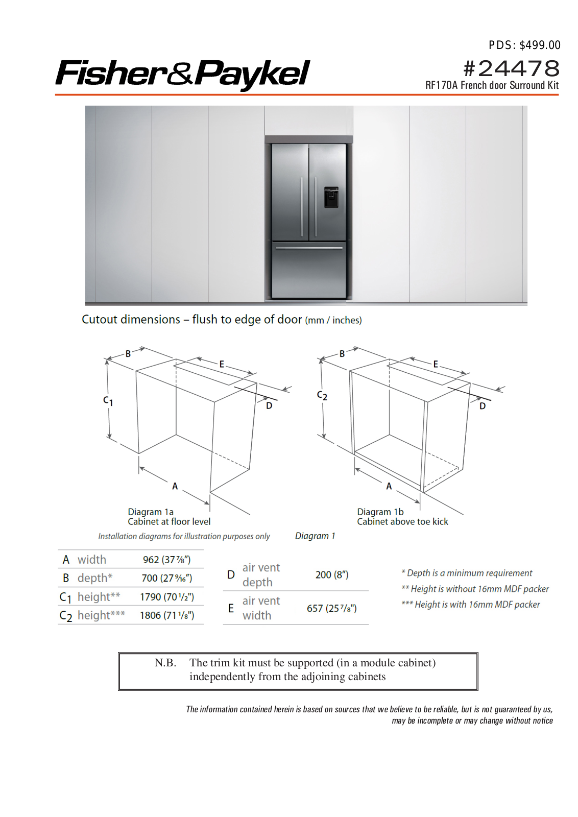 Fisher Paykel 24478 Specifications