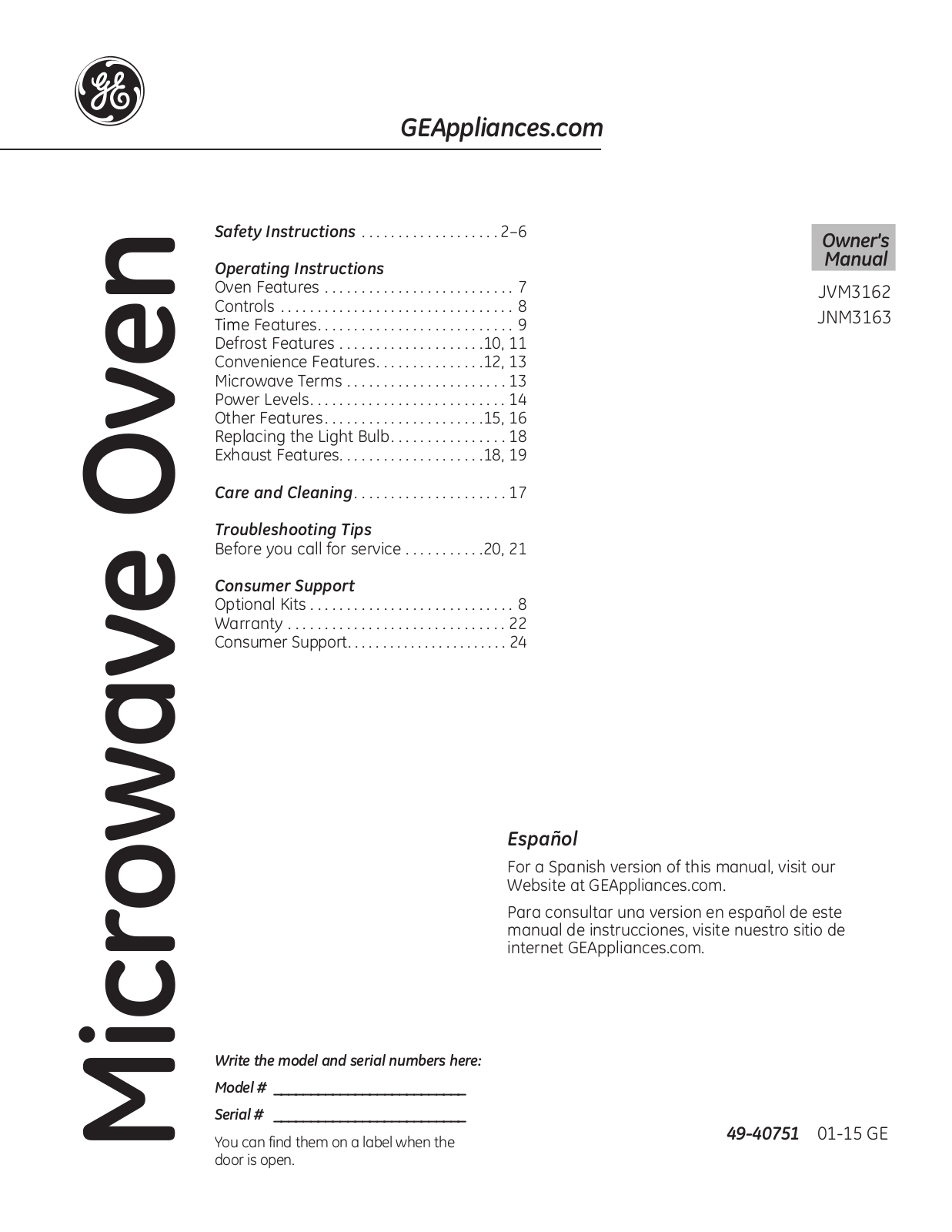 GE JVM3162RJ3SS, JVM3162RJ2SS, JVM3162RJ1SS, JVM3162DJ2WW Owner’s Manual