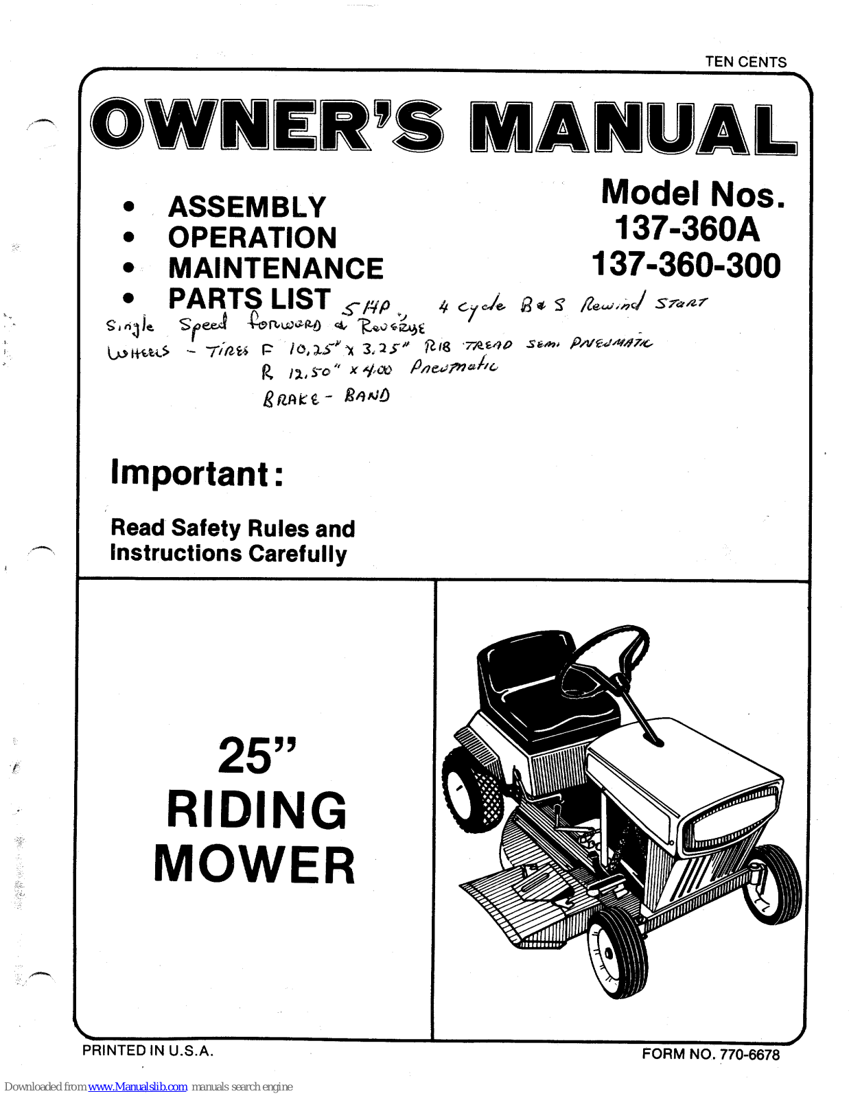 MTD 137-360-300, 137-360A Owner's Manual