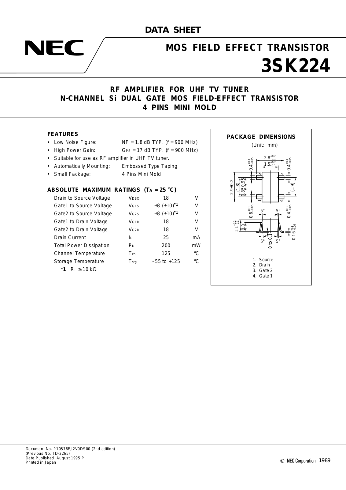 NEC 3SK224-T2, 3SK224 Datasheet