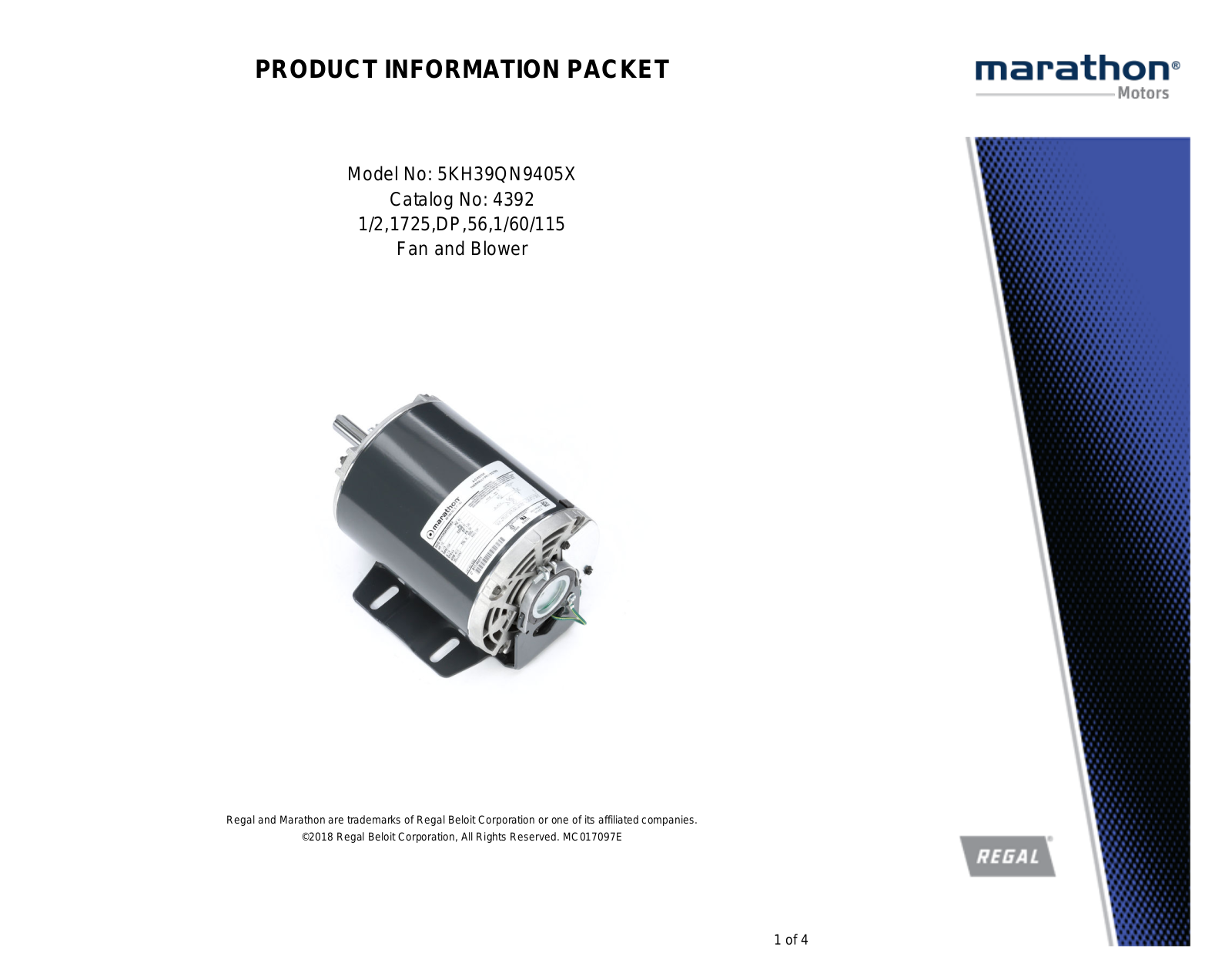 Marathon Electric 5KH39QN9405X Product Information Packet