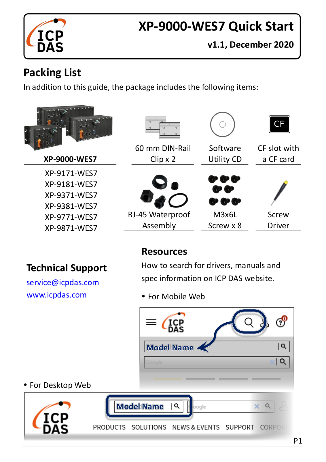 ICP DAS XP-9381-WES7, XP-9771-WES7, XP-9871-WES7, XP-9000-WES7, XP-9171-WES7 Quick Start Guide