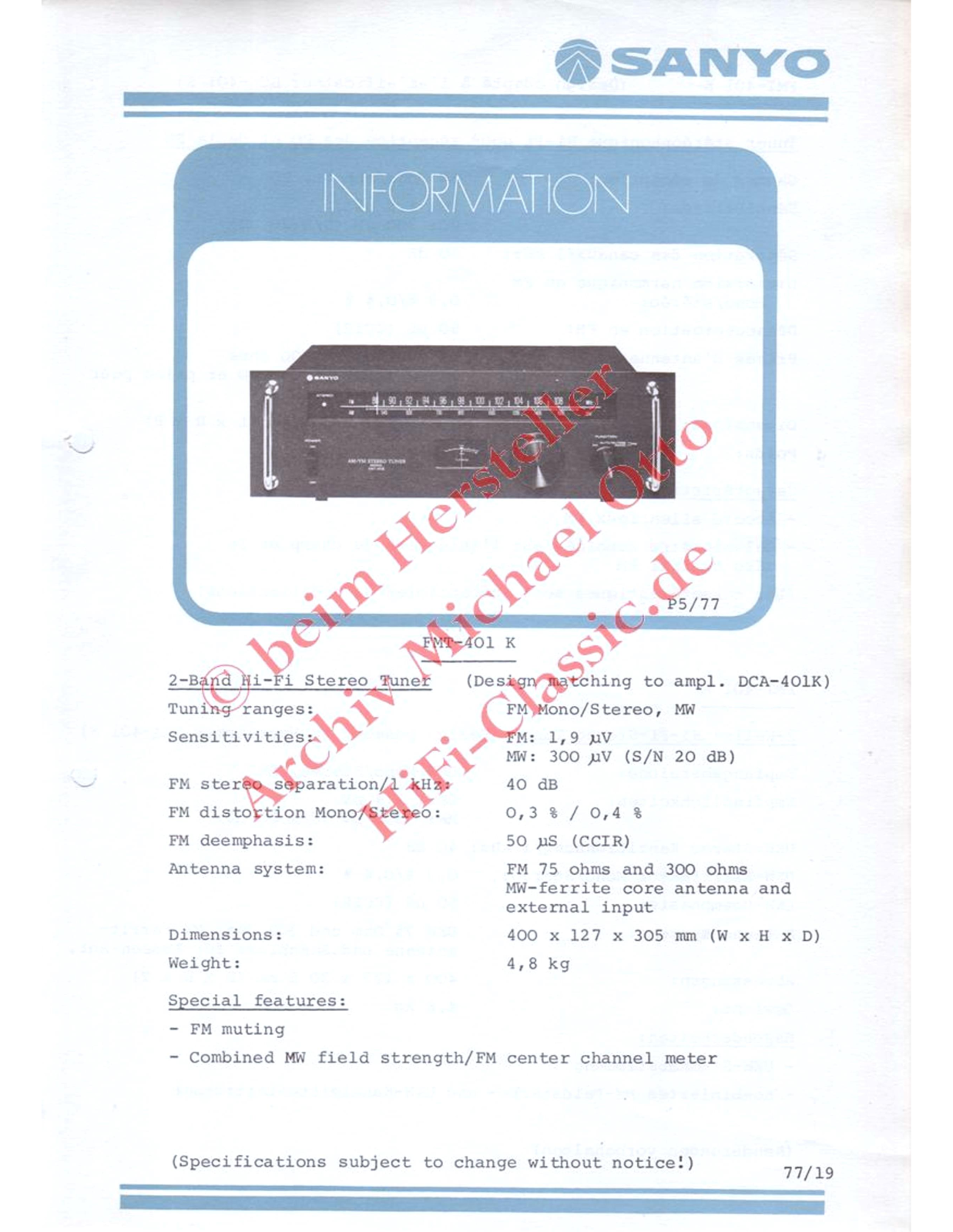 Sanyo FMT-401K User guide
