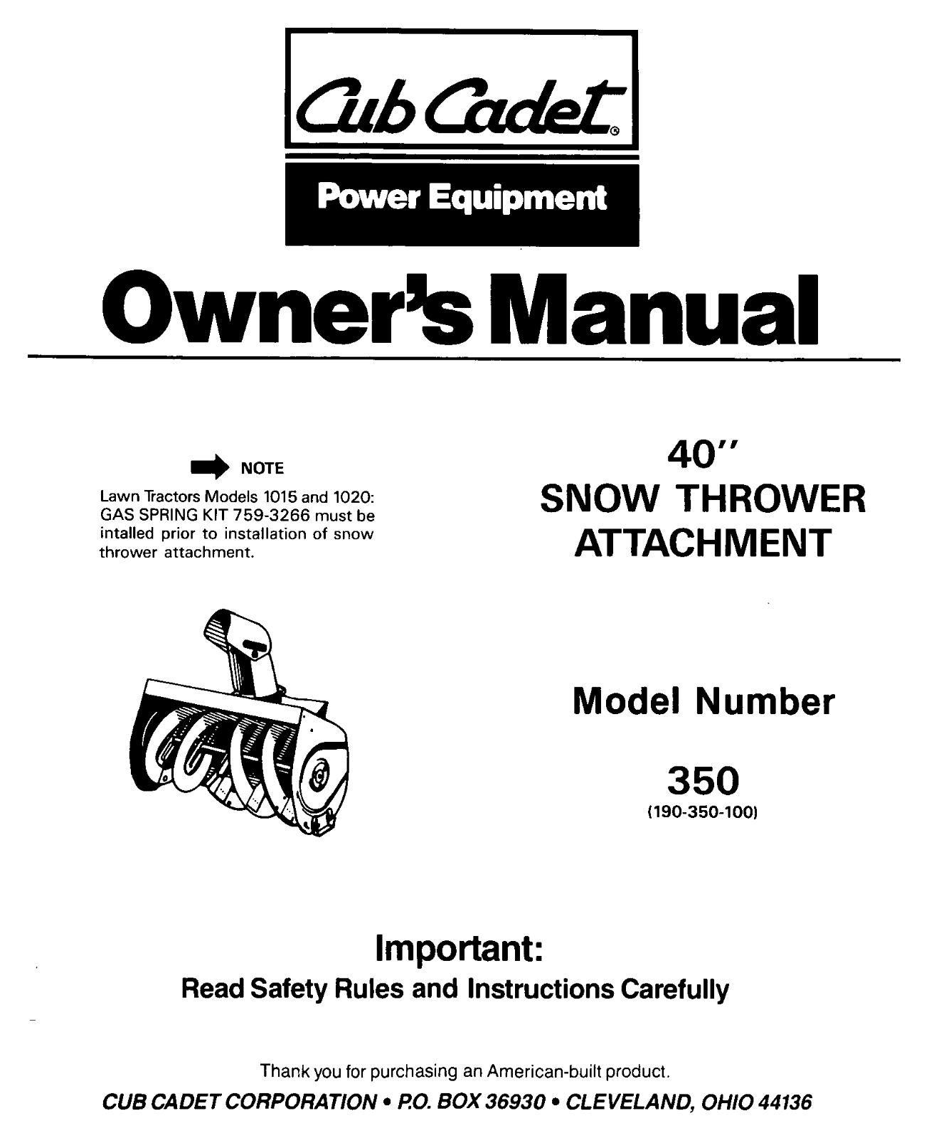 Cub Cadet 350 User Manual