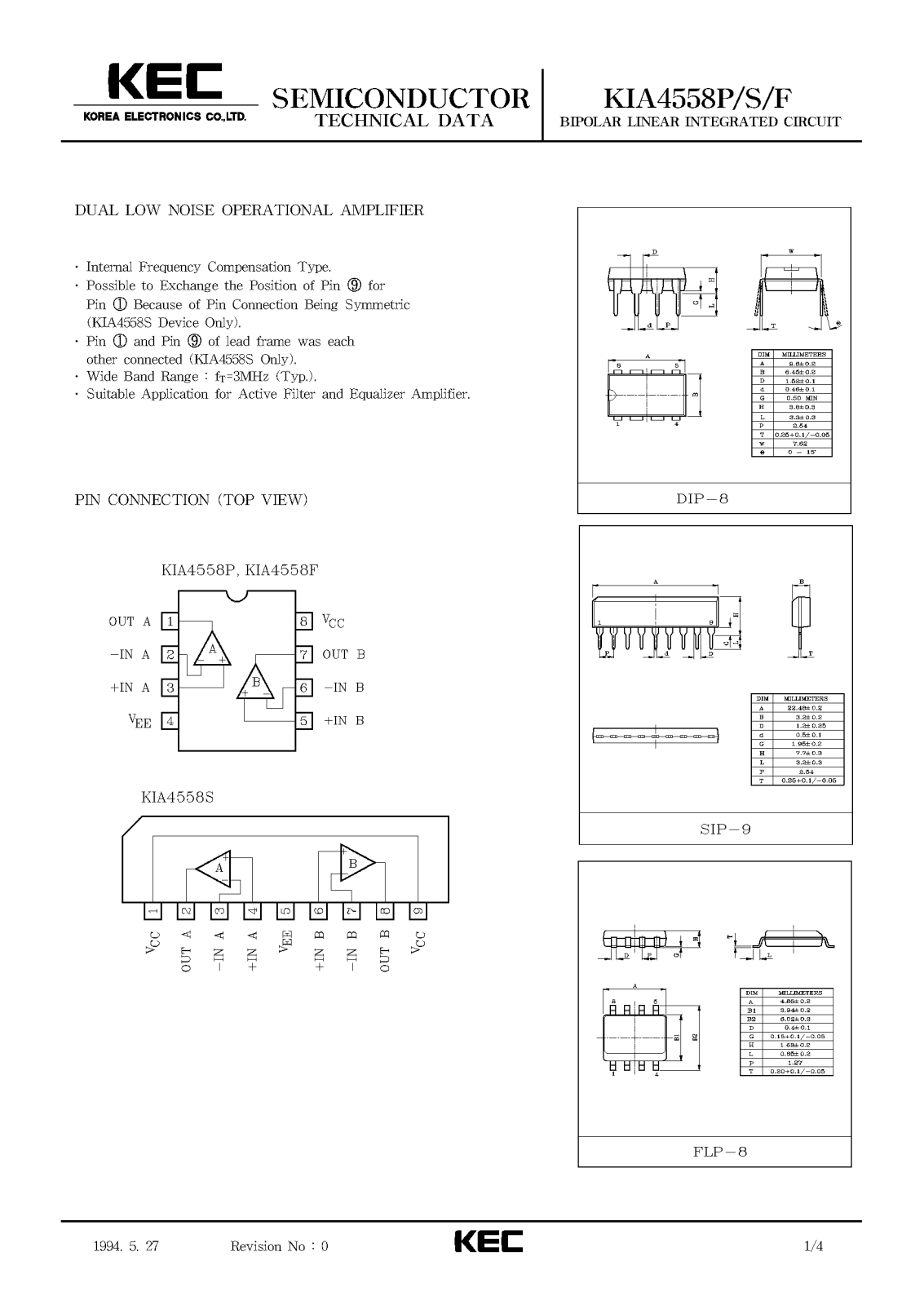 KEC KIA4558S, KIA4558P, KIA4558F Datasheet