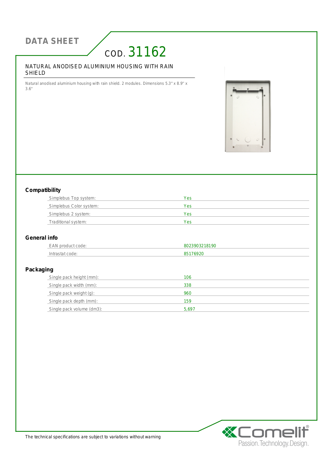 Comelit 31162 Specsheet