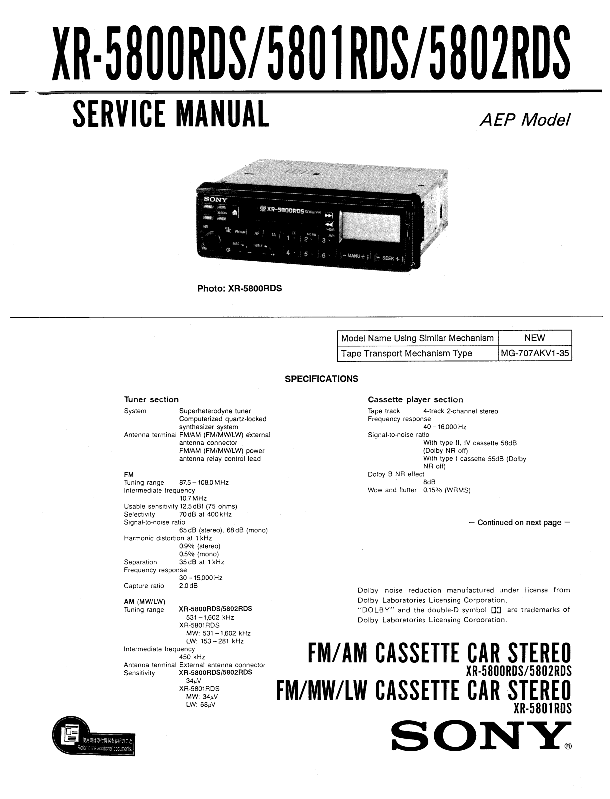 Sony XR-5802-RDS Service manual