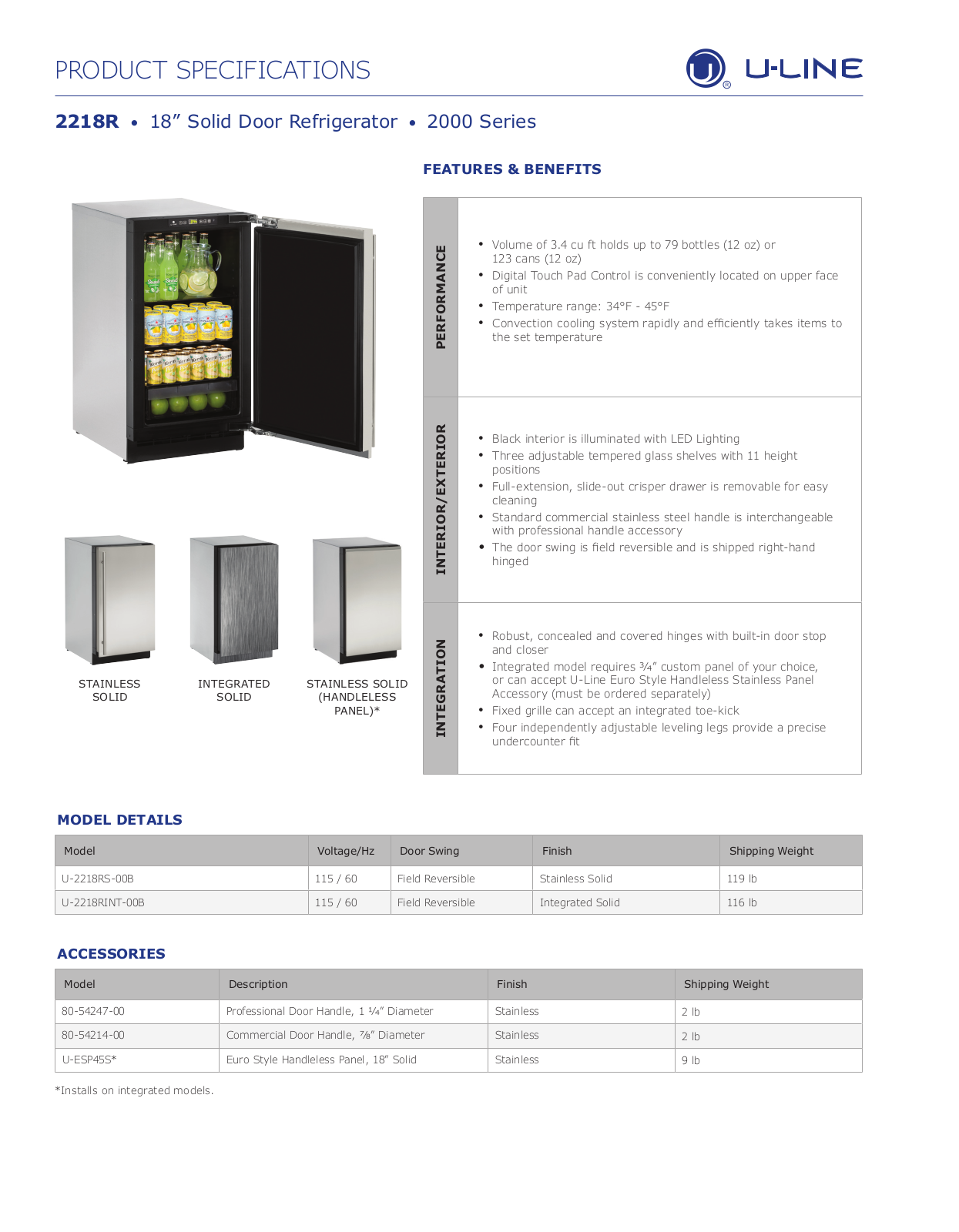 U-Line U2218RS00B, U2218RINT00B Specifications