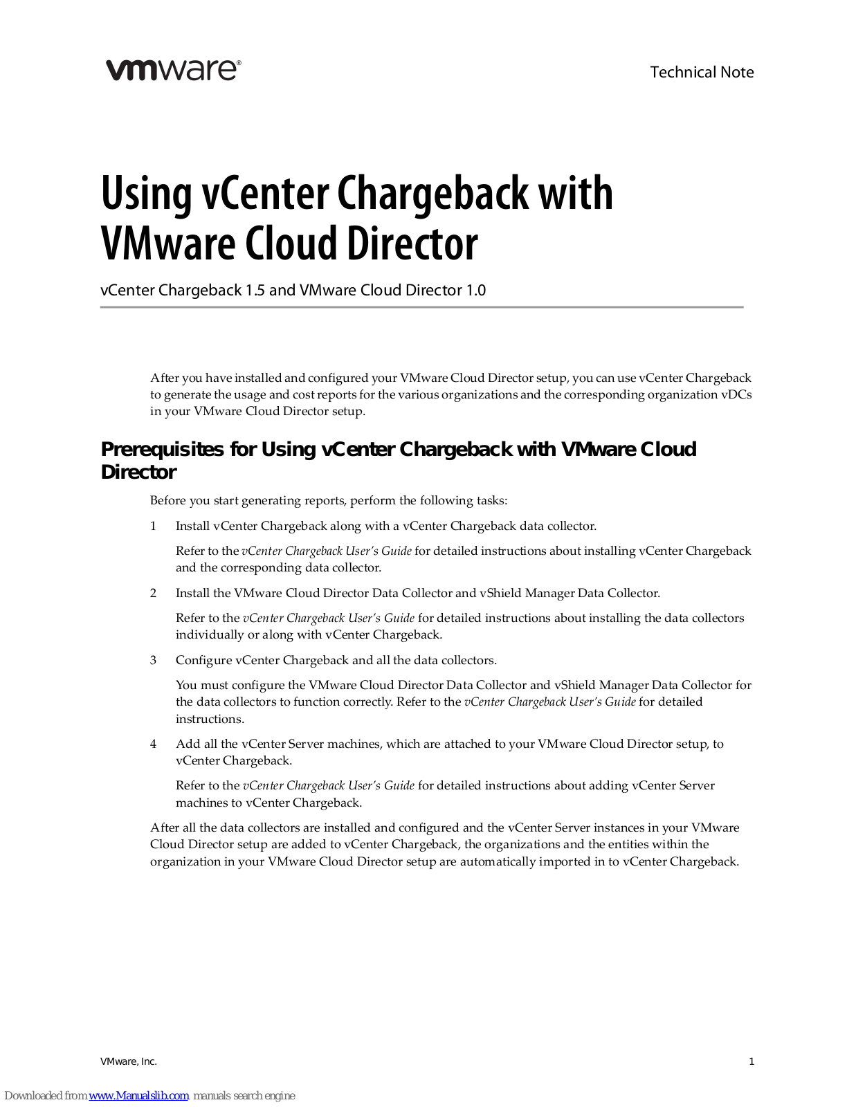 VMware VMWARE CLOUD DIRECTOR 1.0 - TECHNICAL NOTE, VCENTER CHARGEBACK 1.5 - TECHNICAL NOTE, vCenter Chargeback 1.5, VMware Cloud Director 1.0 Using Manual