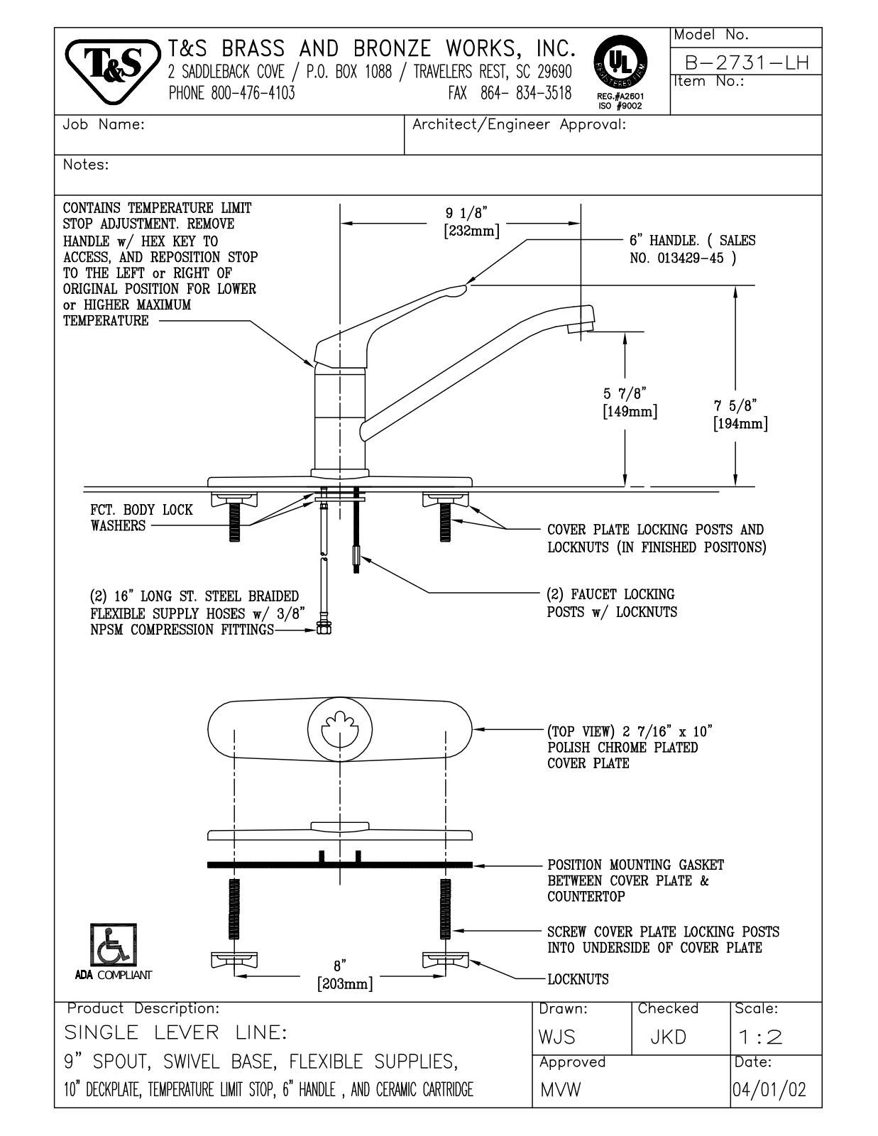 T&S Brass B-2731-LH User Manual