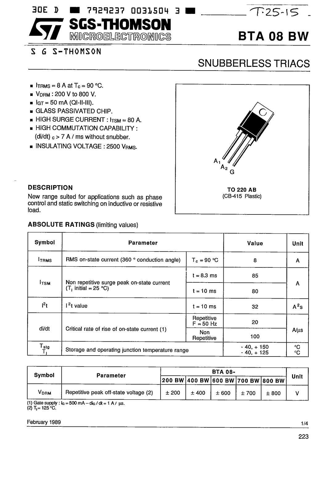 SGS Thomson Microelectronics BTA08-700BW, BTA08-400BW, BTA08-200BW Datasheet