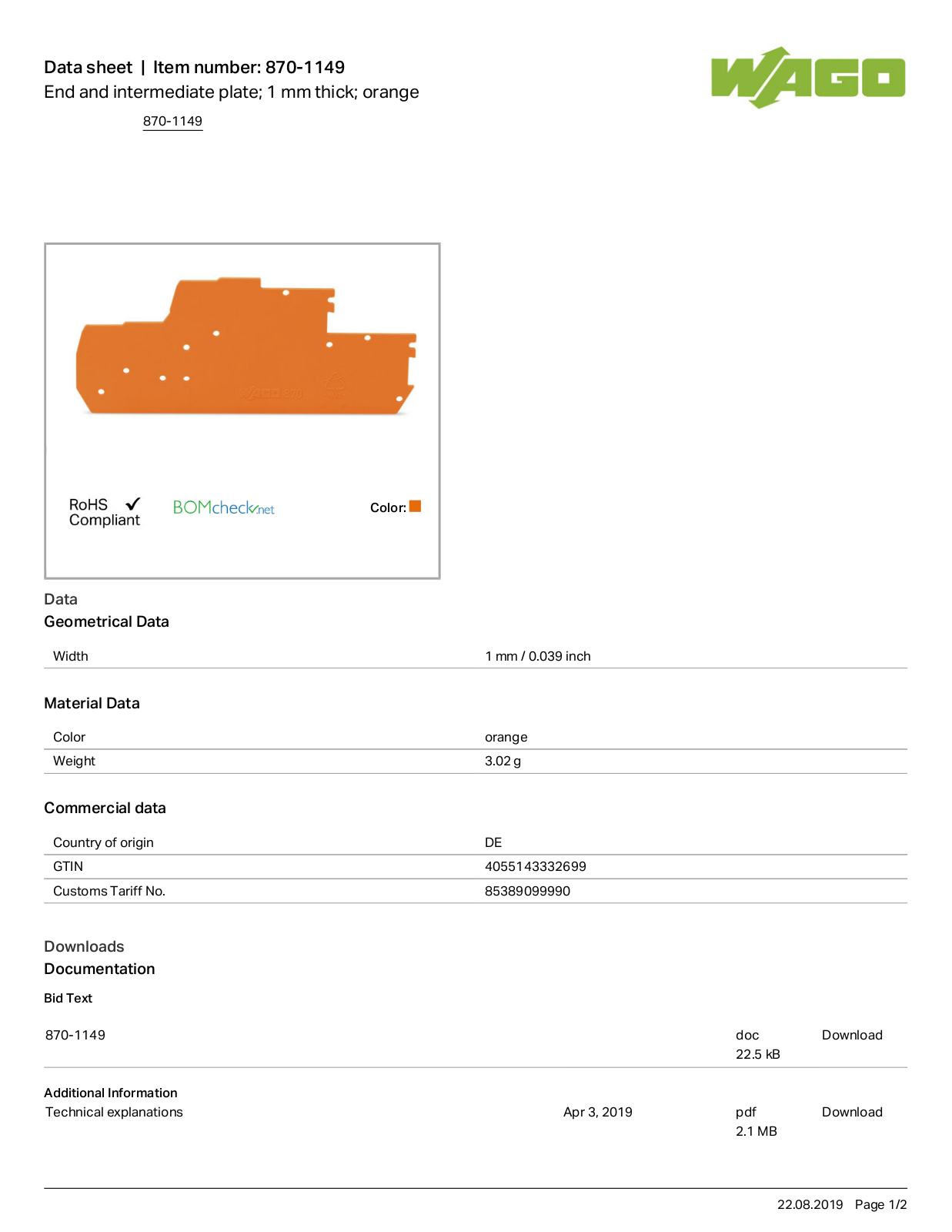 Wago 870-1149 Data Sheet