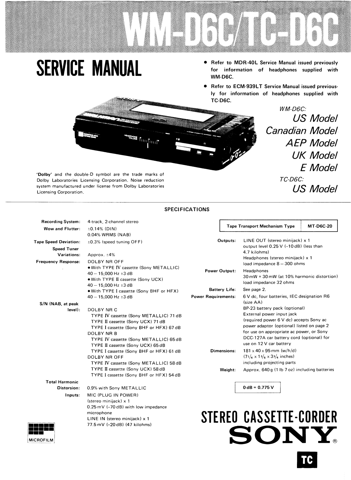 Sony WM-D6C, TC-D6C User Manual