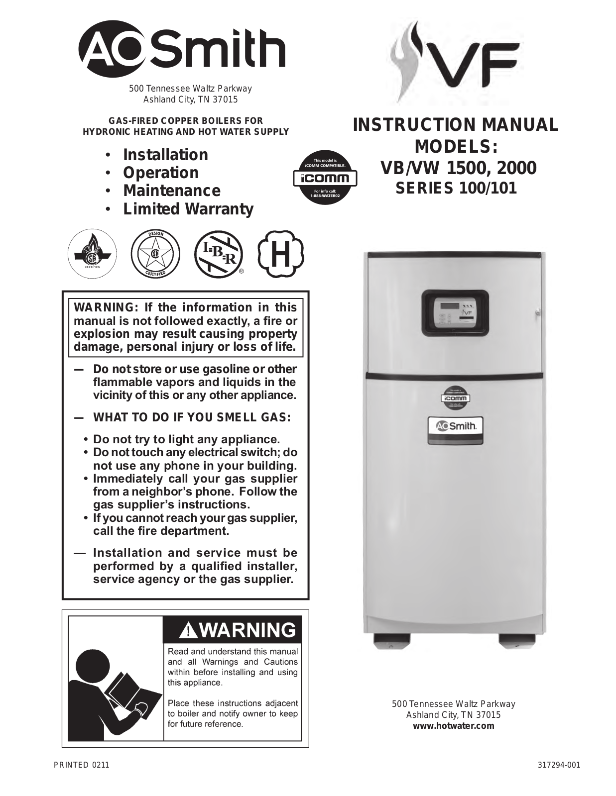 A. O. Smith VW-2000, VB-1500 Installation  Manual