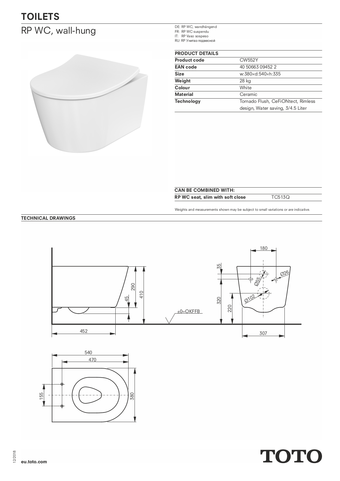 TOTO CW552Y Datasheet