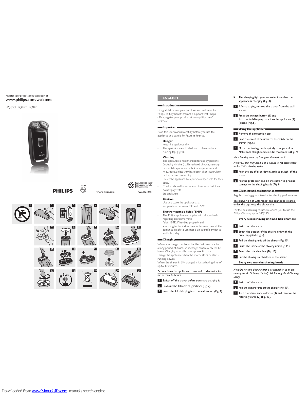 Philips HQ853/16, HQ852/16, HQ851/16, HQ853, HQ852 User Manual