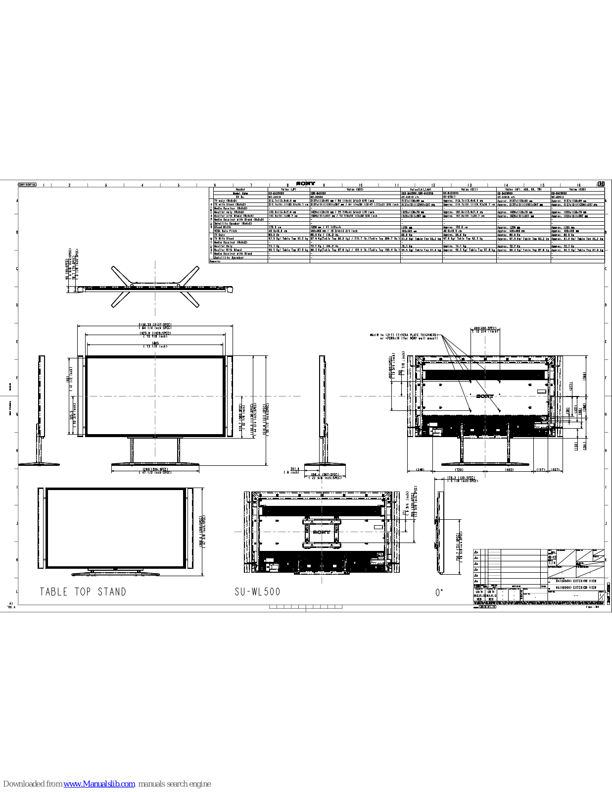 Sony XBR-84X900, XBR-84X905 Dimensions