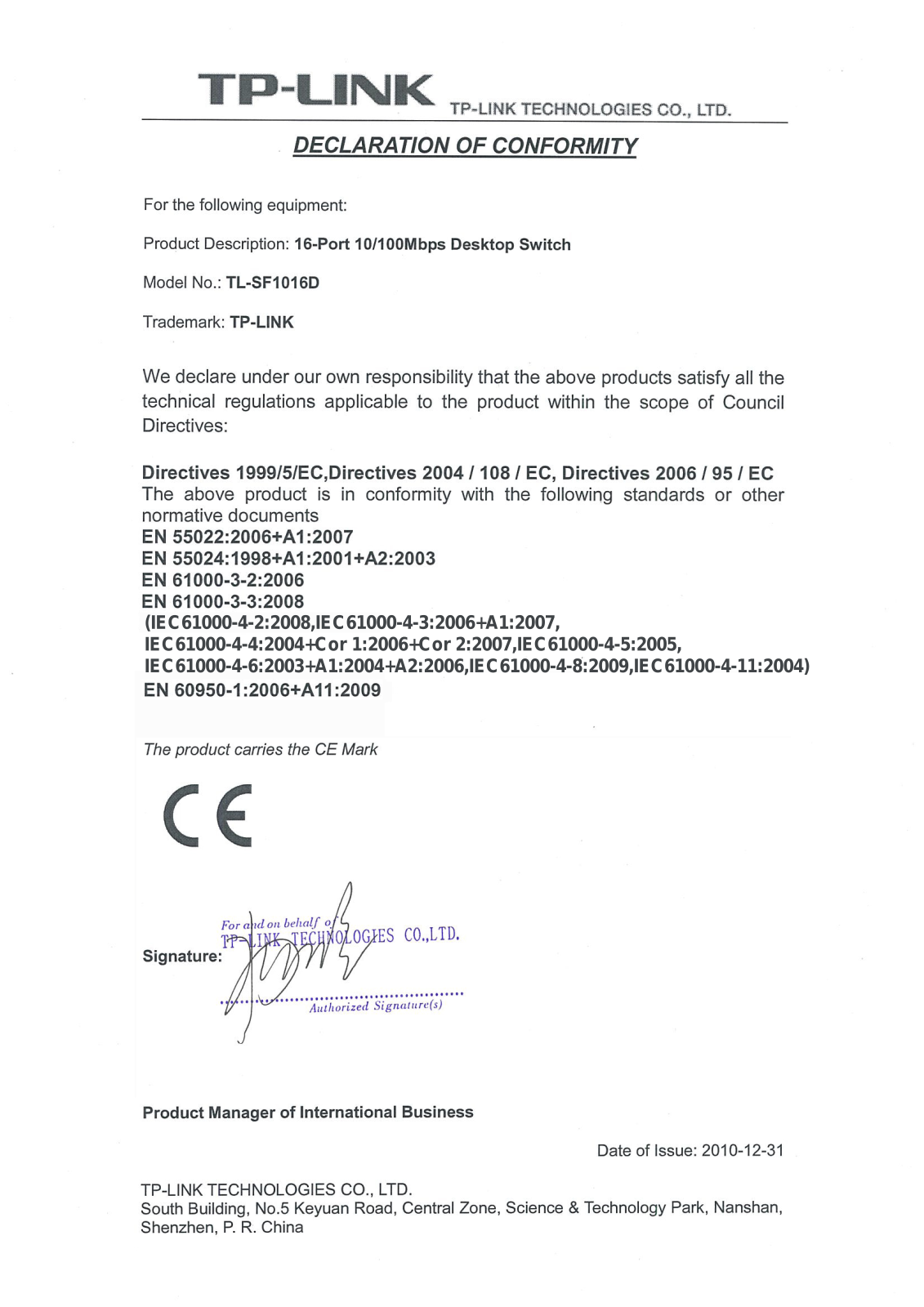 TP-Link TL-SF1016D Declaration of Conformity