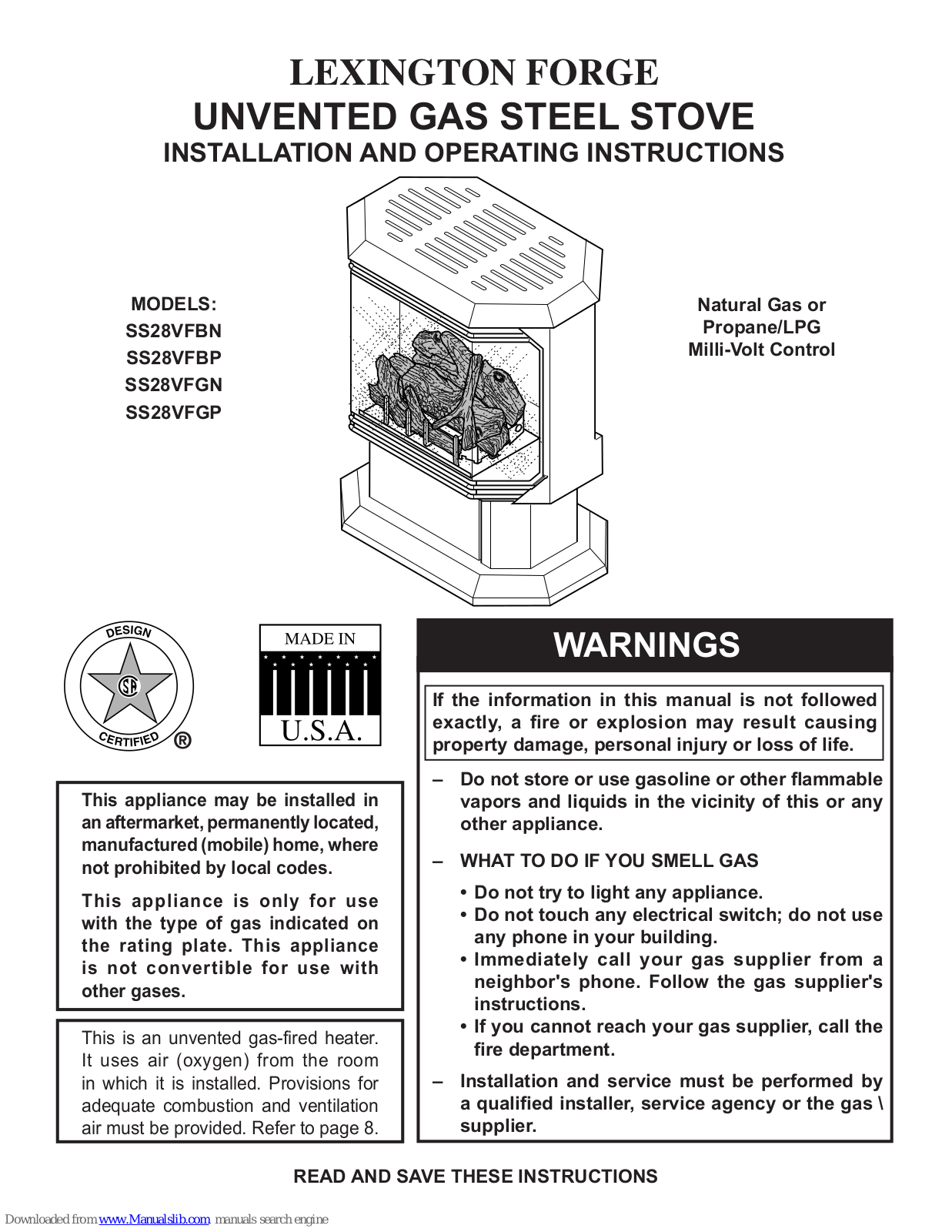 Lexington Forge SS28VFBN, SS28VFBP, SS28VFGN, SS28VFGP Installation And Operating Instruction